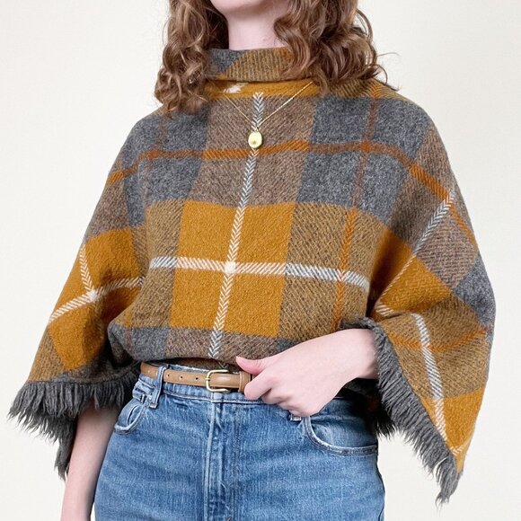 Vintage Wool Fringe Poncho Sweater Jacket Coat Top Plaid Fall Winter Mod 50s 60s - Picture 7 of 7
